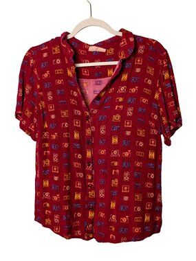 Circus Burgundy Lightweight Camera Print Button-Up Top - UK 14 (US 16)